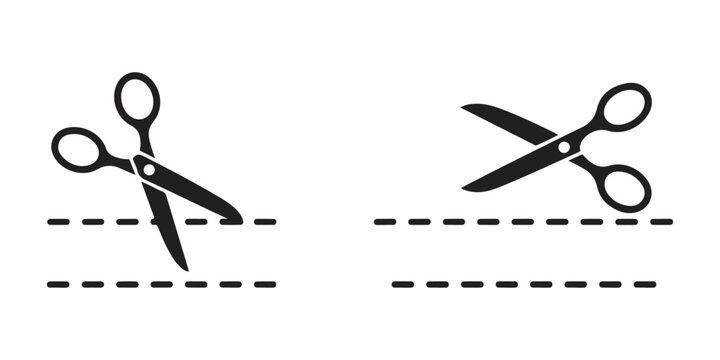 Two black scissors icons with dashed lines indicating the cutting action on transparent background.