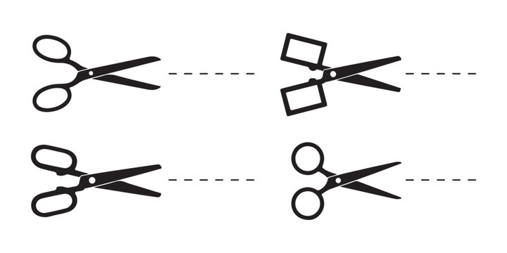 Black scissors icons with dotted lines indicating cutting path on transparent background.