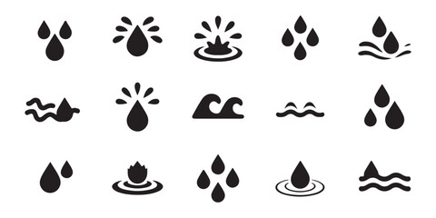Fototapeta premium Water wave and splash vector icons set. drops, ripples, and ocean wave symbols collection.