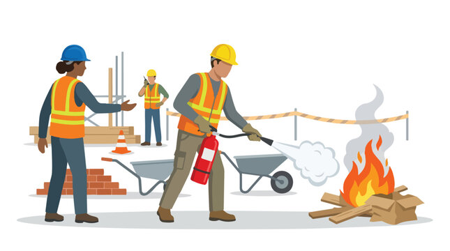 Construction Site Fire Safety Illustration Workers Extinguishing Flames Emergency Response Vector Graphic
