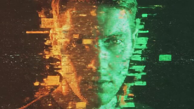 Mans face glitches digitally in sequence. Orange glow shifts to green with pixel distortion. Cyber transformation animation for futuristic tech concepts.