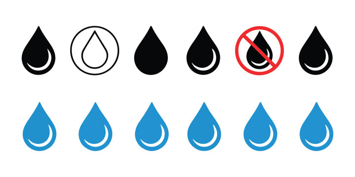 Water drop icon set featuring different styles and symbols for liquid related design or ecology concepts.