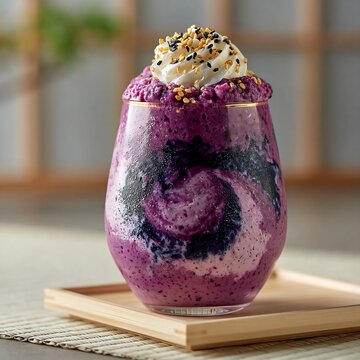 Beni imo smoothie with whipped cream and sesame seeds in a glass