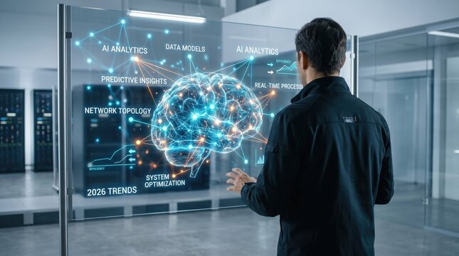 Man interacting with holographic brain AI interface, predictive insights and data models for system optimization in server room.