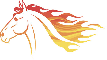 Professional illustration of a white horse head profile with a vibrant red and orange fire flame mane for speed power and spirit concept vector © Arishfa
