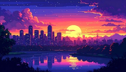 Obraz premium Pixelated cityscape sunset (1)