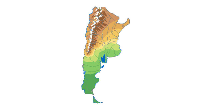 Argentina elevation map with color gradient and topographic relief, isolated on white background