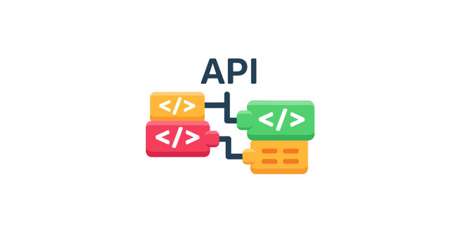 API concept illustration with code symbols connecting modules on white background