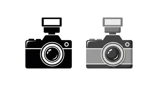 Black and white of two vintage cameras with viewfinders and flash units