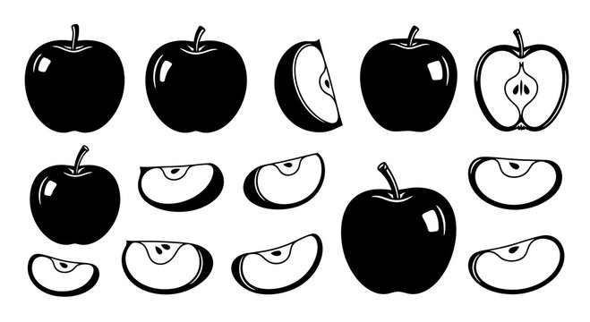 Apple Silhouettes and Slices, Vector Icons, Minimalist Design, Food and Health Concepts