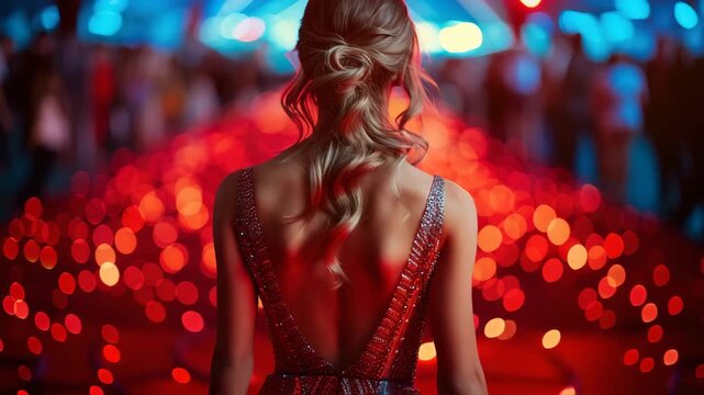 girl in a red dress standing with her back turned