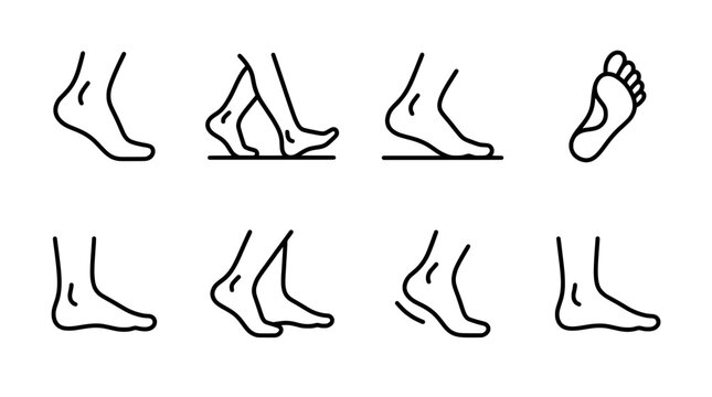 Illustrated feet in various walking and standing positions vector graphic