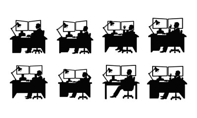 Obraz premium Set of People Silhouettes Working at Desks with Dual Computer Monitors Vector Illustration