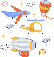 Cute Air Transport Vector Elements Set. Cartoon Collection with Airplane, Helicopter, Hot Air Balloon and Dirigible. Isolated Nursery Objects for Kids Design and Posters. © AnnRozz