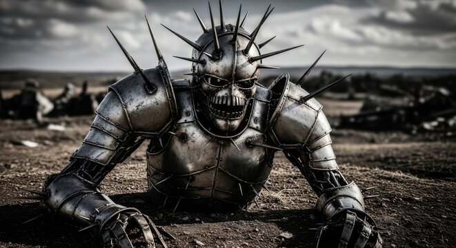 Menacing metallic warrior with spikes emerging from ground