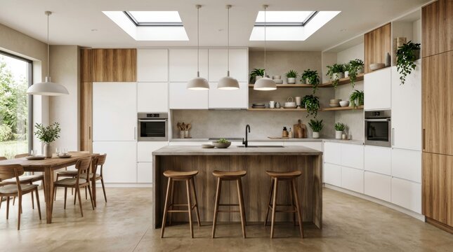Modern Kitchen with Wooden Island and Skylight Windows