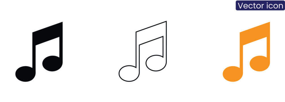 Three eighth note music icons in black, Line art, And orange on white background