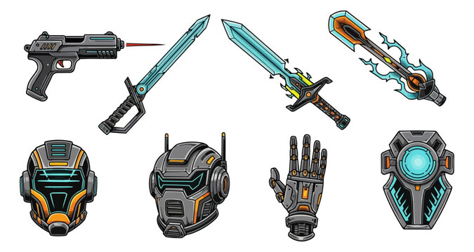 Futuristic weapons and armor elements on black background