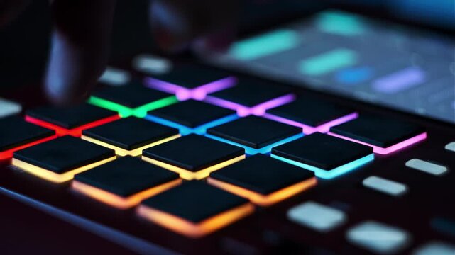 Extreme macro shot of a finger tapping multiple glowing multi-colored pads on a red controller. The dynamic beats are created through precise interaction with the music hardware.