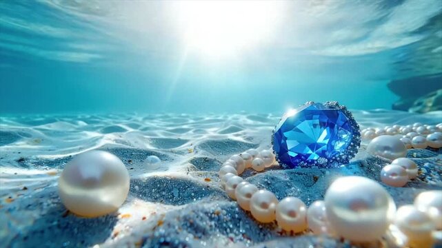 An underwater scene with jewelry, sun rays, pearls, and a large sapphire on sandy floor