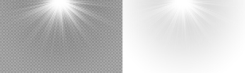 Plakat Yellow star flashed with sparkles sun isolated on white background. Soft glow without departing rays, sunlight with lens flare effect. PNG vector light effect.