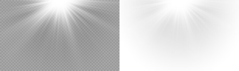 Obraz premium Yellow star flashed with sparkles sun isolated on white background. Soft glow without departing rays, sunlight with lens flare effect. PNG vector light effect.