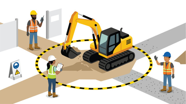 Construction Site Safety Illustration Workers Operating Excavator Roadwork Zone Vector Graphic
