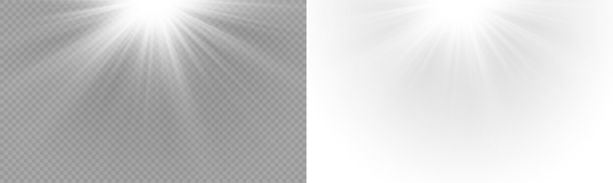Yellow star flashed with sparkles sun isolated on white background. Soft glow without departing rays, sunlight with lens flare effect. PNG vector light effect.
