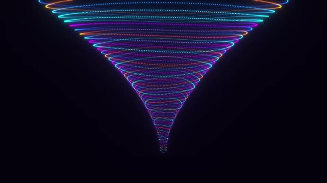 Abstract digital vortex of glowing neon particles forming a conical spiral shape on black background