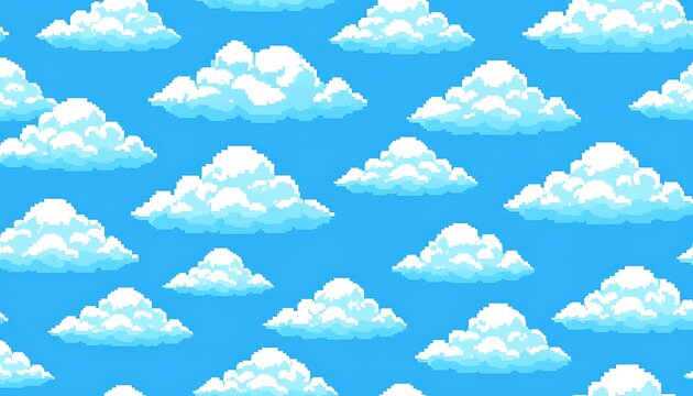 Pixelated fluffy white clouds float across a bright blue sky in a seamless, repeating pattern