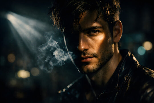 Cinematic portrait of a confident man, dramatic low-key lighting, expressive facial features, moody atmospheric studio shot.