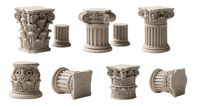 collection of greek columns in various views on a plain white background architectural concepts