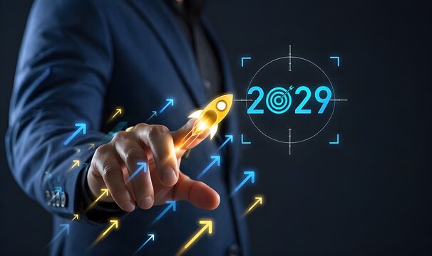 Businessman launching a startup rocket toward the 2029 target, symbolizing growth, innovation, future strategy, goal achievement, and digital transformation success.