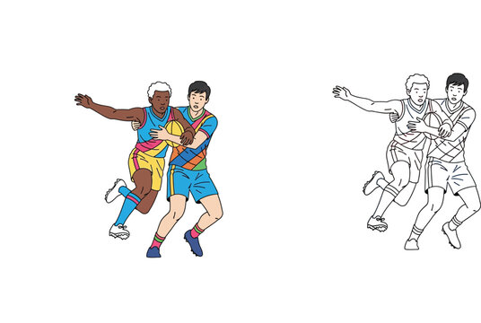 Vector illustration of two male athletes playing rugby or Australian football with tackling action, includes colored and line art outline versions for sports design and fitness concepts.
