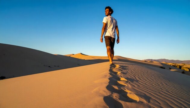 Man walking path on desert dune looking back