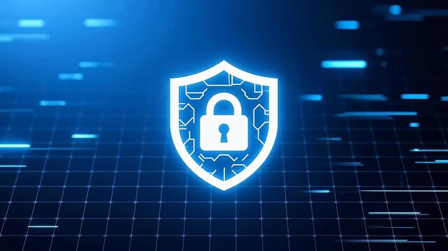 Glowing blue shield icon with lock