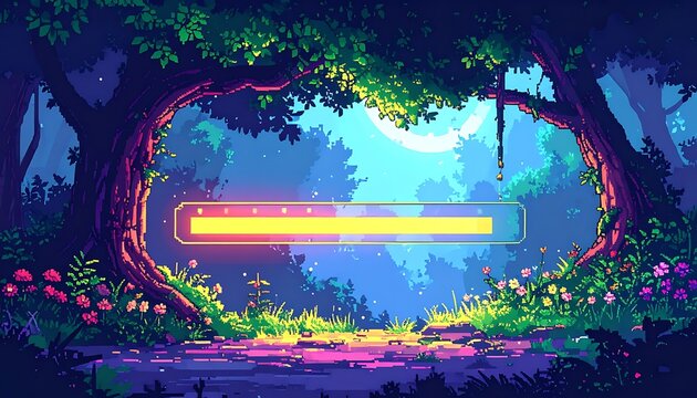 Pixelated forest scene with vibrant colors and a glowing loading bar against a serene backdrop