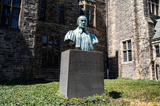 View of Johannes Strachan statue at Trinity College University of Toronto. Toronto, Canada - April 22, 2026.