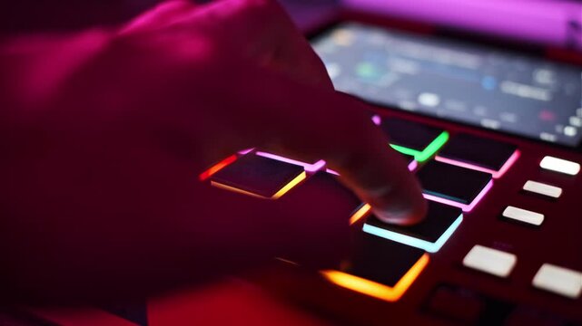 Close-up shot showing a hand pressing the illuminated pads of a red digital beatmaker. The pads light up in vibrant changing colors as they are pressed in a studio setting.