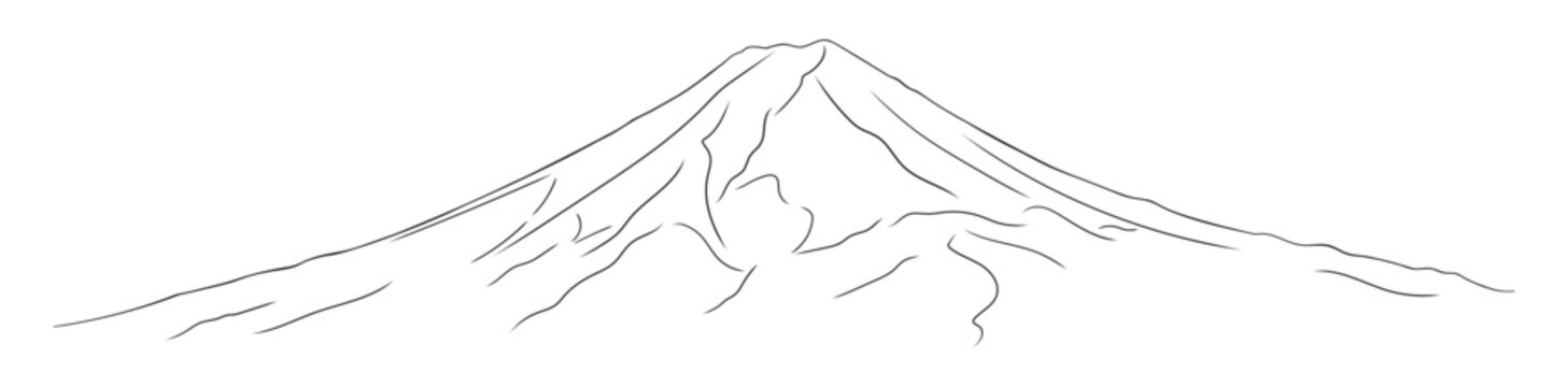 Minimal sketch of mount Fuji in line art drawing style. Japanese symbol, mountain panorama peak.