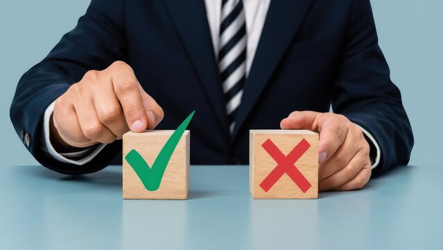 Professional choosing between positive and negative decision with checkmark and crossmark wooden blocks on table