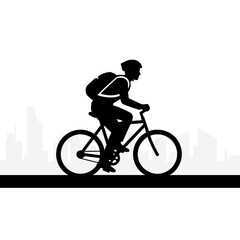Naklejka premium Cyclist silhouette riding bicycle with backpack against white background.