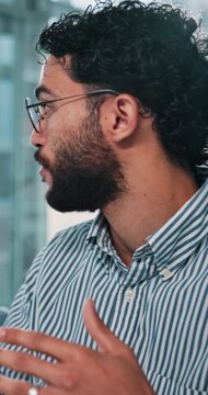 Explain, training and man in office for web design, business ideas or software developer. Brainstorming, discussion and designer with teamwork, research report or solution at creative digital agency