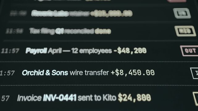 A log of financial transactions indicating recent business operations