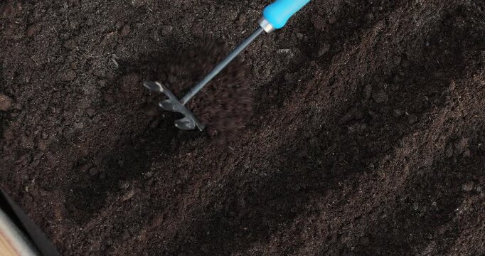 Close-up of a woman hoeing in her garden, breaking up soil to prepare for planting vegetables. Agricultural concept.