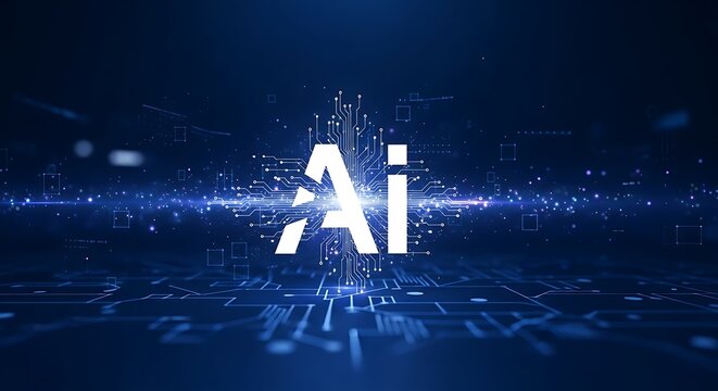 Futuristic AI Concept with Bright Blue Digital Glow and Interface.