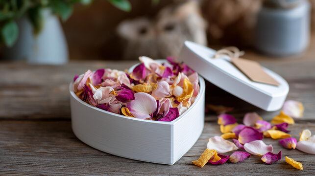 Heart-shaped box filled with dried flower petals and a handwritten note, romantic holiday keepsake, sentimental gift concept, defocused background, with copy space