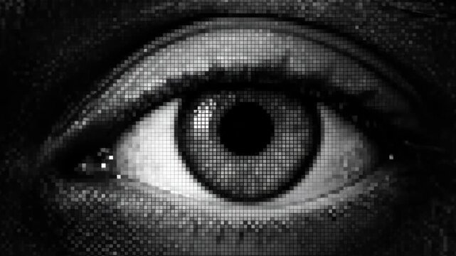 Pixelated eye blinking sequence. Digital animation of human eye closing midway and opening in dotted graphic style. Abstract tech visualization for glitch art and visual effects.