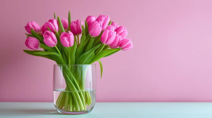 Obraz premium Fresh pink tulips arranged in a glass vase on a pastel background, spring flower still life, seasonal greeting card, womens day concept, with copy space