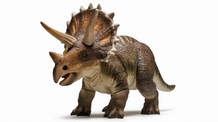 Fototapeta premium Realistic toy model dinosaur triceratops standing with detailed scales and horns on white background